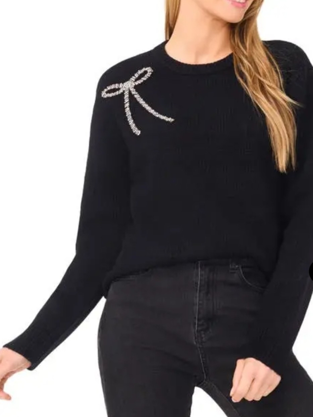 CeCe Black Crewneck Sweater with Embelished Rhinestone Bow At Shoulder Sz M